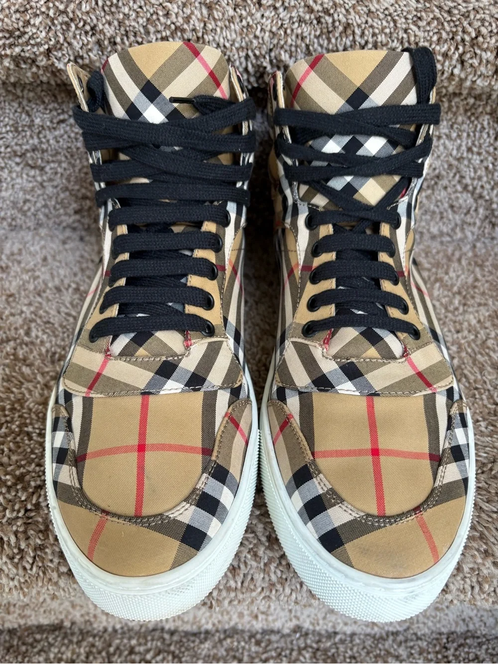 Burberry Men’s High-Top Nova Check Sneakers in Tan, Black, Red